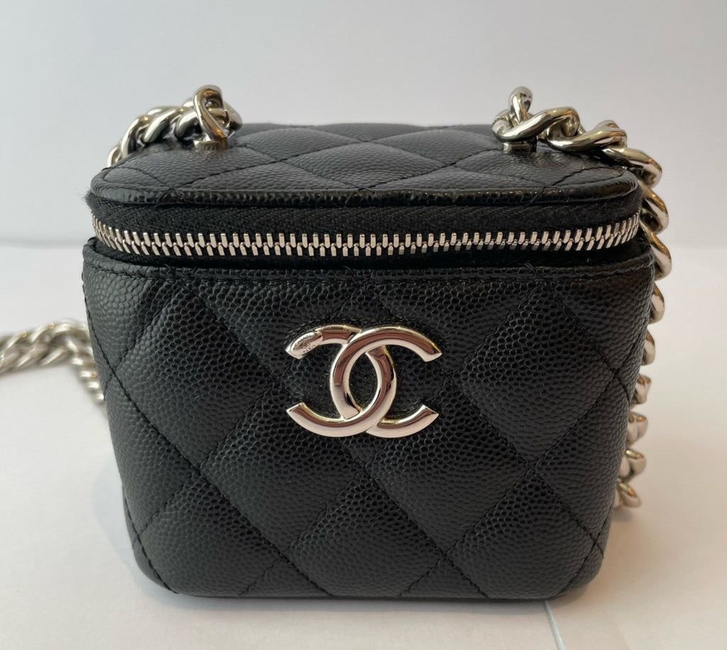 Chanel Vanity Case Mini Calfskin Chain Shoulder Bag Crossbody Black Silver Women