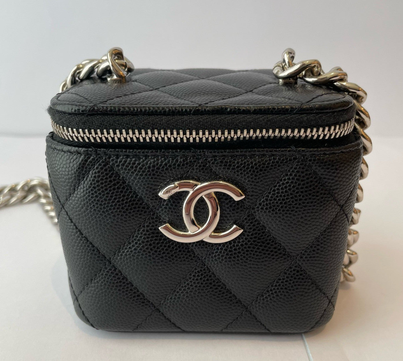 Chanel Vanity Case Mini Calfskin Chain Shoulder Bag Crossbody Black Silver Women