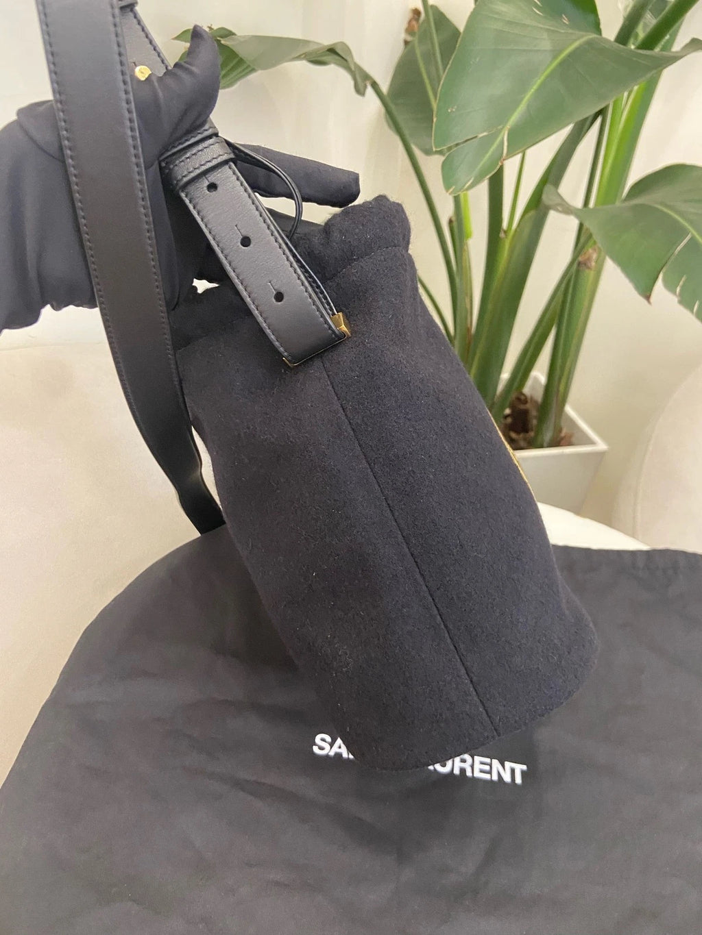 Saint Laurent Women Embroidered Leather Drawstring Bucket Bag