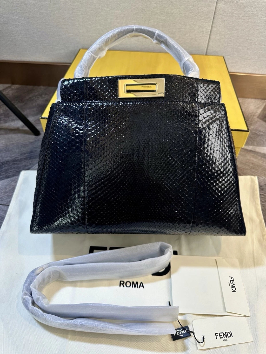 Fendi Peekaboo Medium Navy Snakeskin Shoulder Crossbody Women