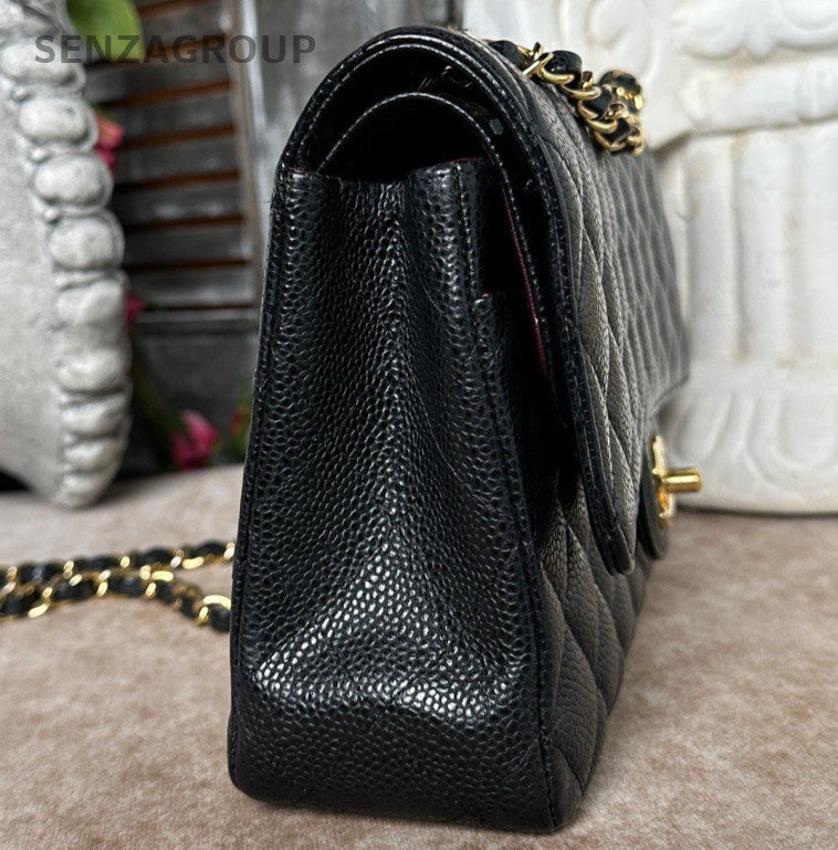 Chanel Classic Flap MM Calfskin Shoulder Bag Crossbody Black Gold Women Fashion