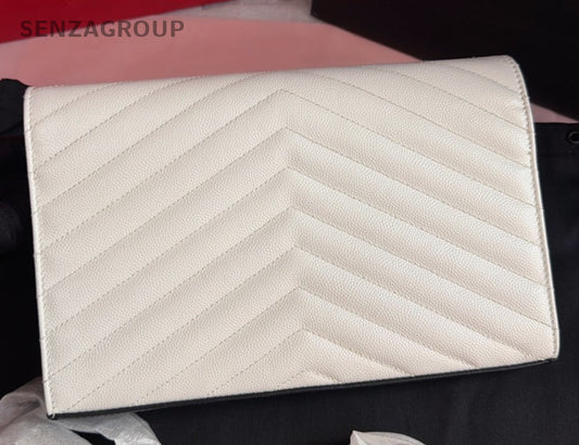 Saint Laurent Calfskin Envelope Shoulder Bag Crossbody Black White Silver Women