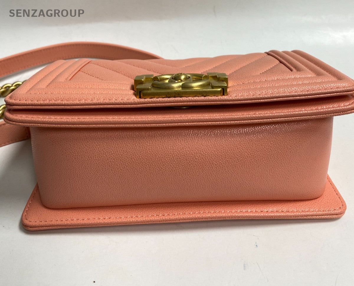 Chanel Leboy PM Chain Shoulder Bag Pink Gold Chevron Women Classic Fashion
