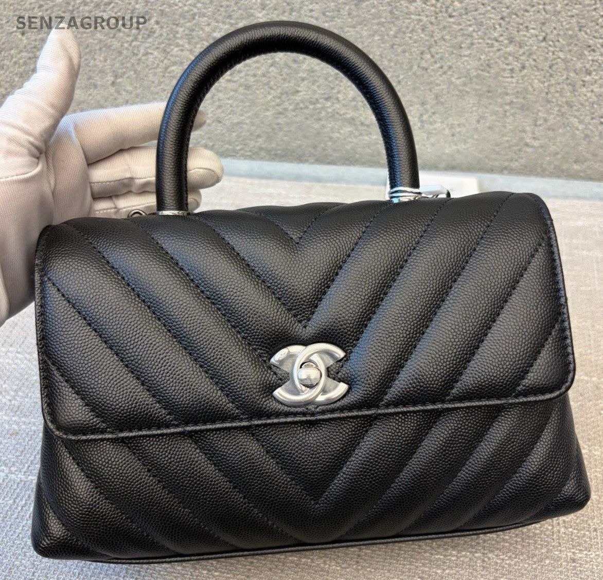 Chanel Coco Handle PM Top Handle Bag Chain Crossbody Chevron Black Silver Women