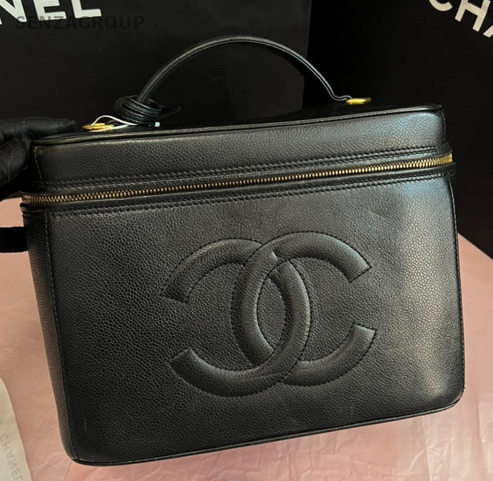 Chanel Vintage GM Calfskin Top Handle Bag Black Gold Used Women Classic