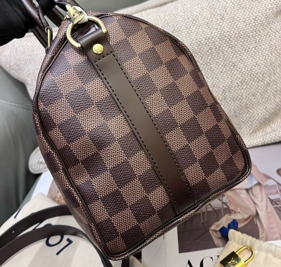 Louis Vuitton Speedy25 Damier Ebene Top Handle Bag Crossbody Brown Gold Women