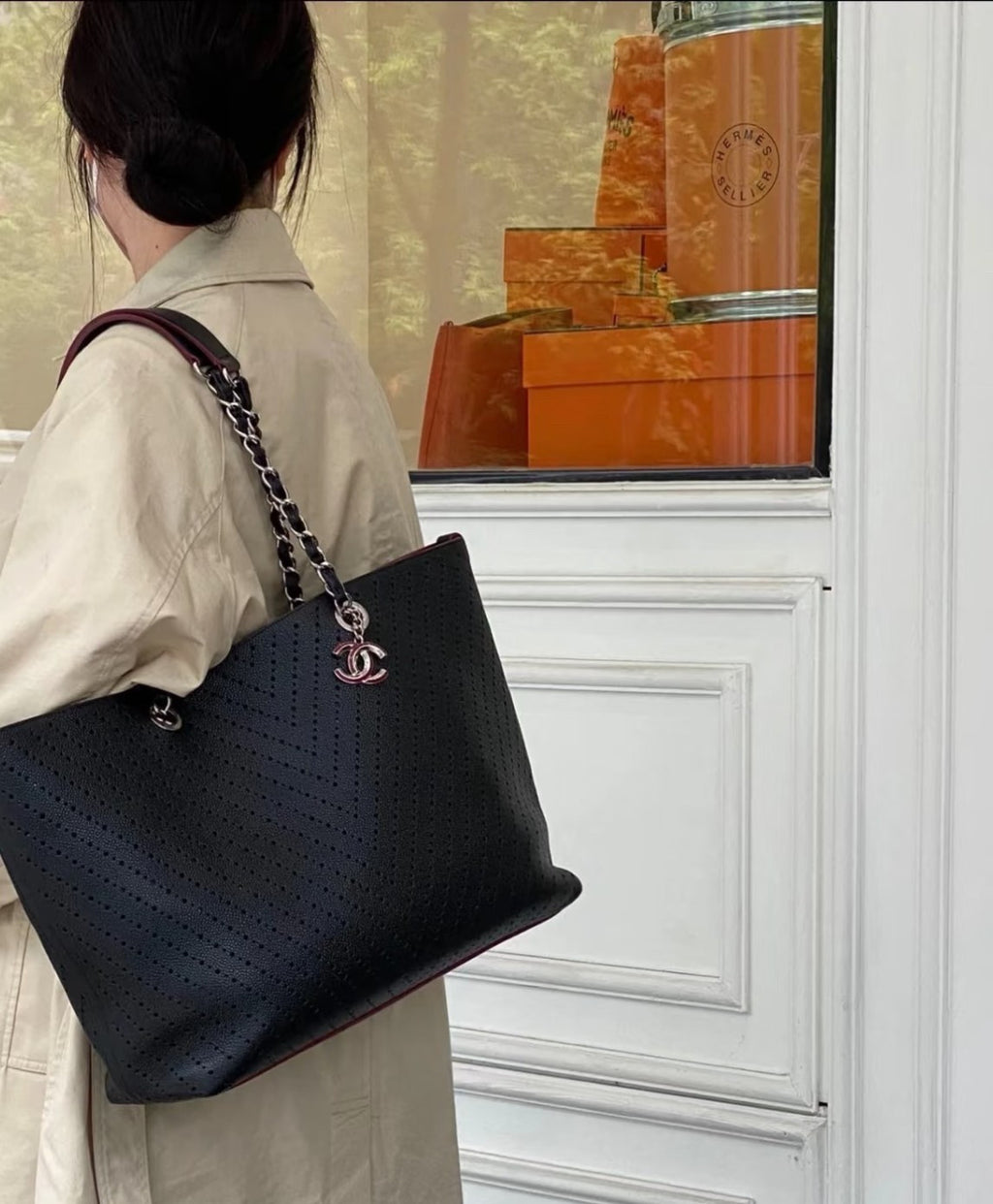 Chanel Shopping Tote Chain Shoulder Bag Black Silver Used Women Classic Fashion