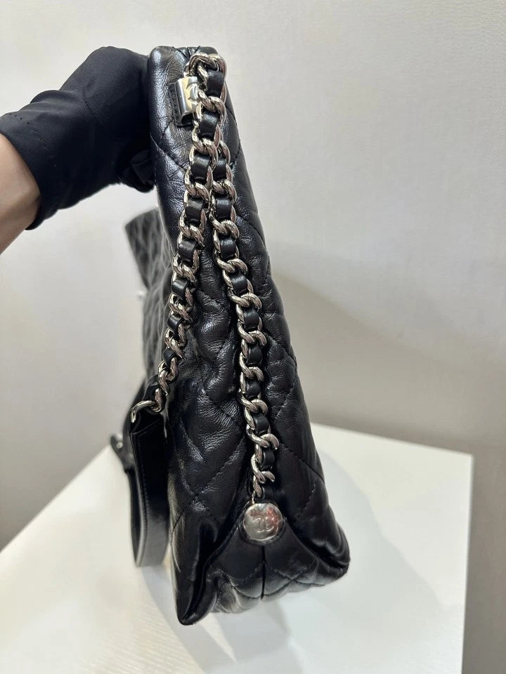 CHANEL Black Silver Oil Wax Leather Hobo Shoulder Bag For Women