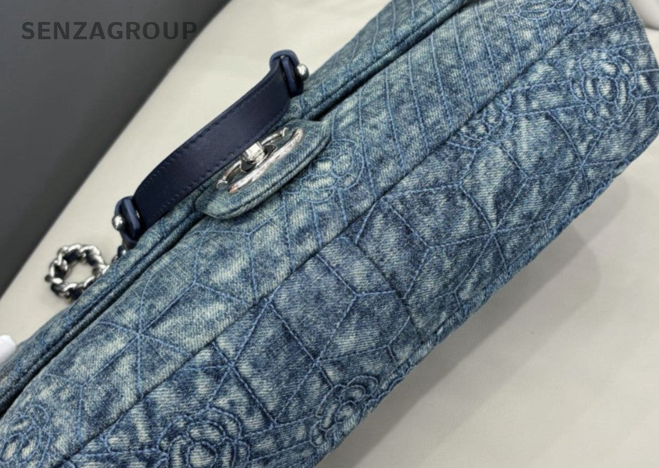 Chanel Classic Flap Denim Chain Shoulder Bag Blue Silver Women Designer