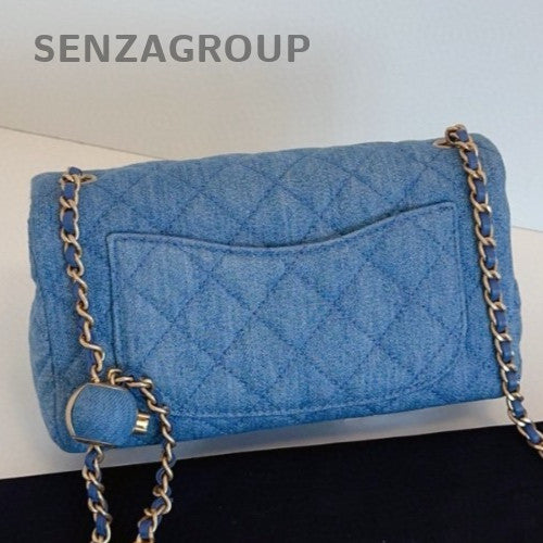 Chanel Classic Flap Mini Chain Shoulder Bag Crossbody Blue Gold Women Fashion