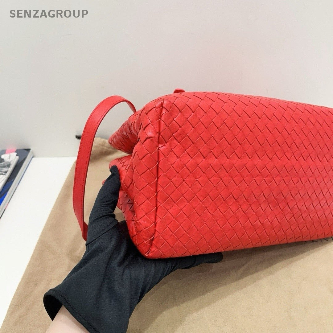 Bottega Veneta Roma PM Top Handle Shoulder Crossbody Bag Red Intrecciato Women