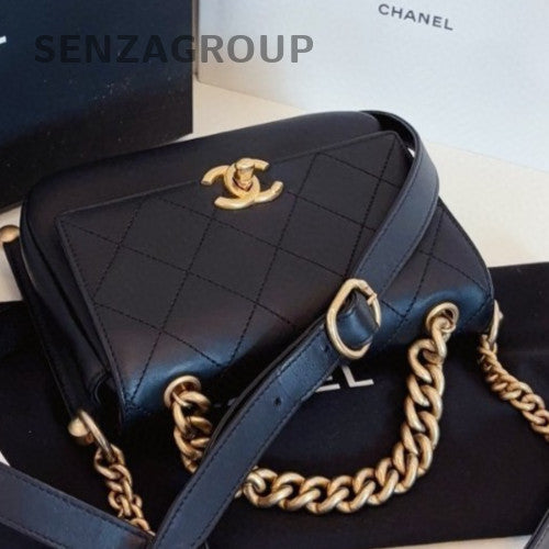 Chanel Cuba Calfskin Chain Top Handle Bag Crossbody Black Gold Women Classic