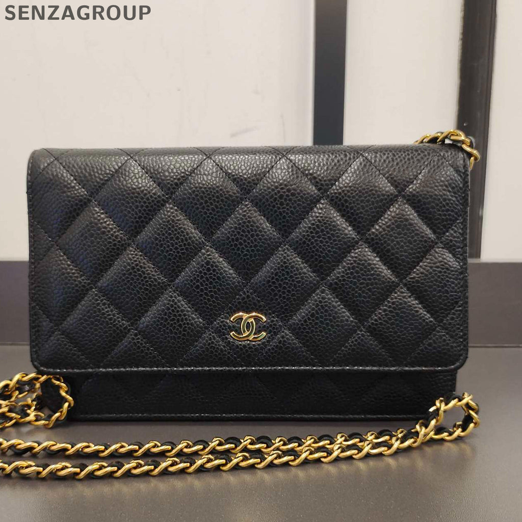 Chanel WOC Black Gold Quilted Calfskin Chain Crossbody Bag Classic