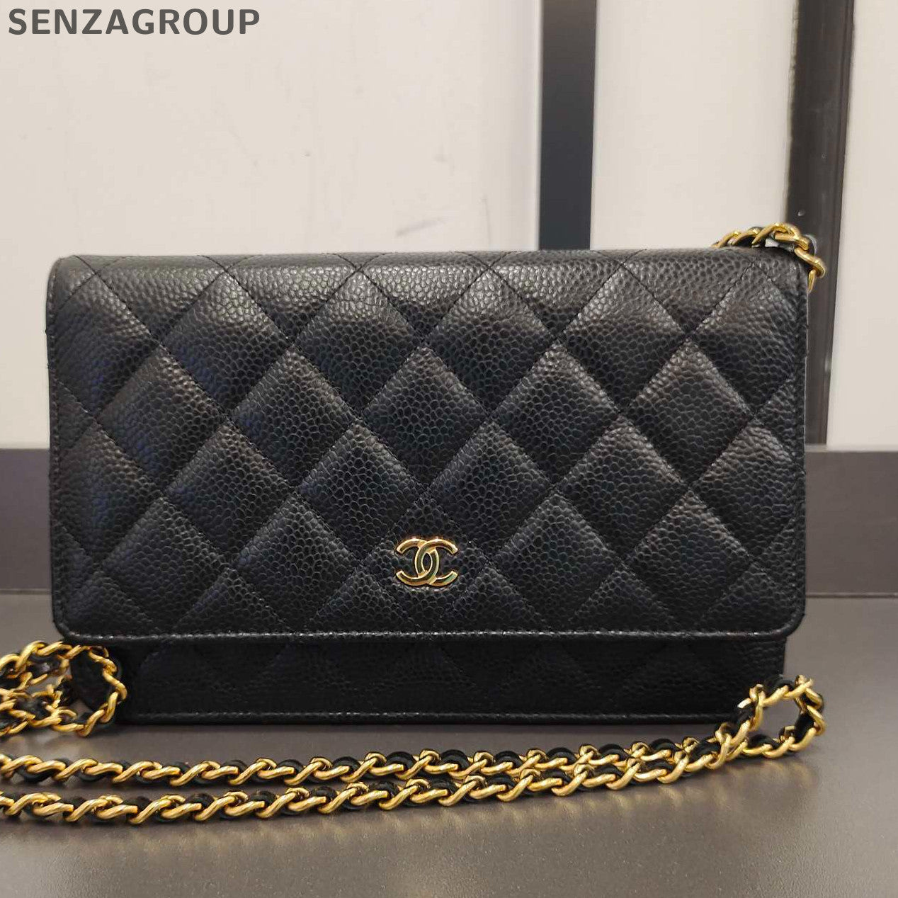 Chanel WOC Black Gold Quilted Calfskin Chain Crossbody Bag Classic