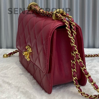 Chanel Quilted Calfskin Chain Shoulder Bag Red Gold Classic Fashion Women