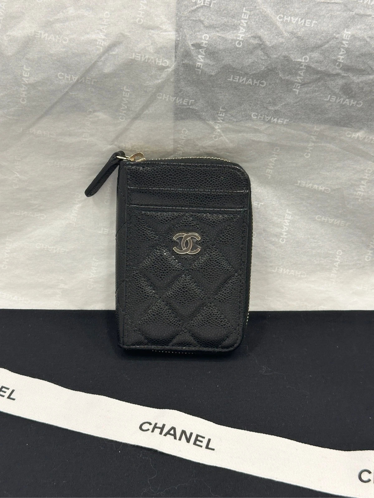CHANEL Black Leather Zip Card Wallet For Women