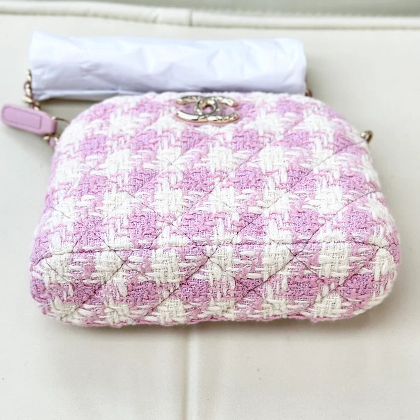 Chanel Tweed Shell Bag Chain Shoulder Bag Crossbody Pink Gold Women Classic S