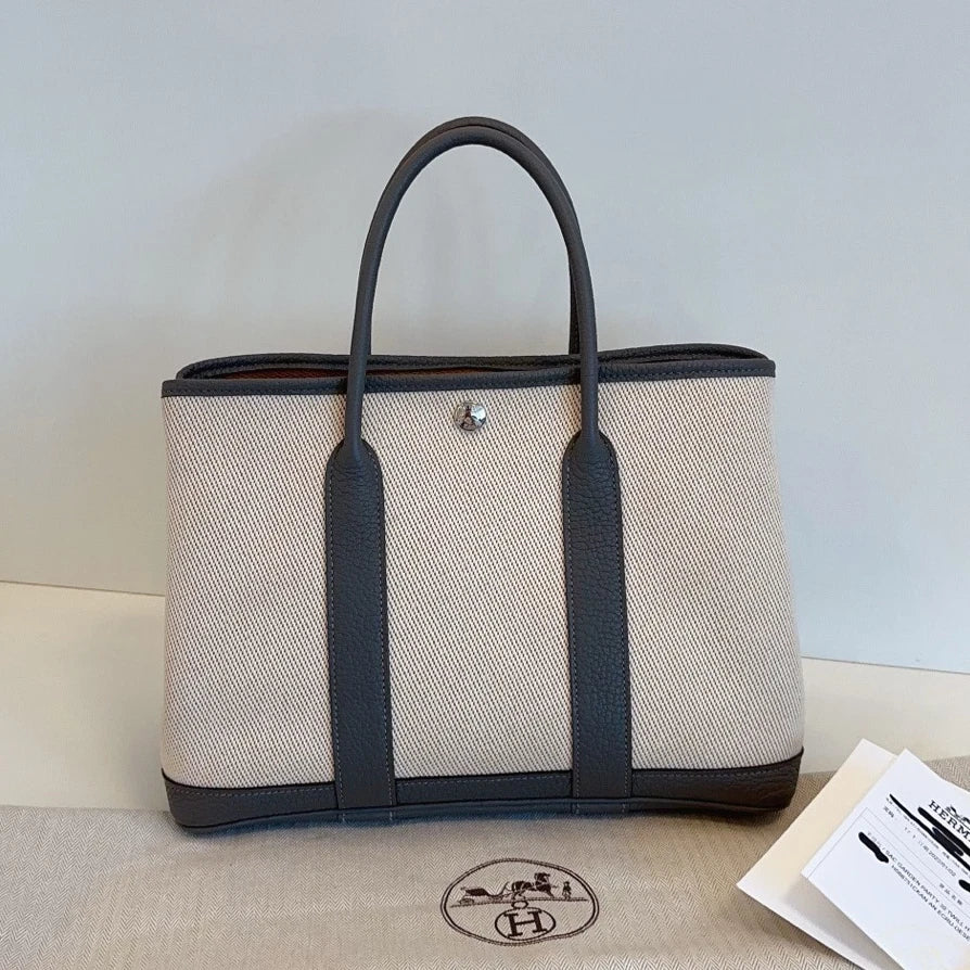 Hermes Garden Party30 Tote Top Handle Bag Ivory Gray Women Classic