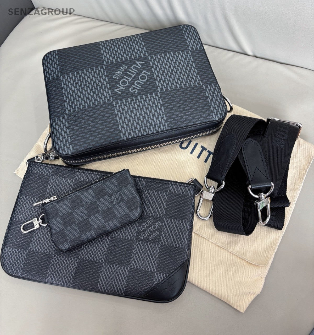 Louis Vuitton Trio Damier Ebene Pochette Shoulder bag Black Silver Chip Version