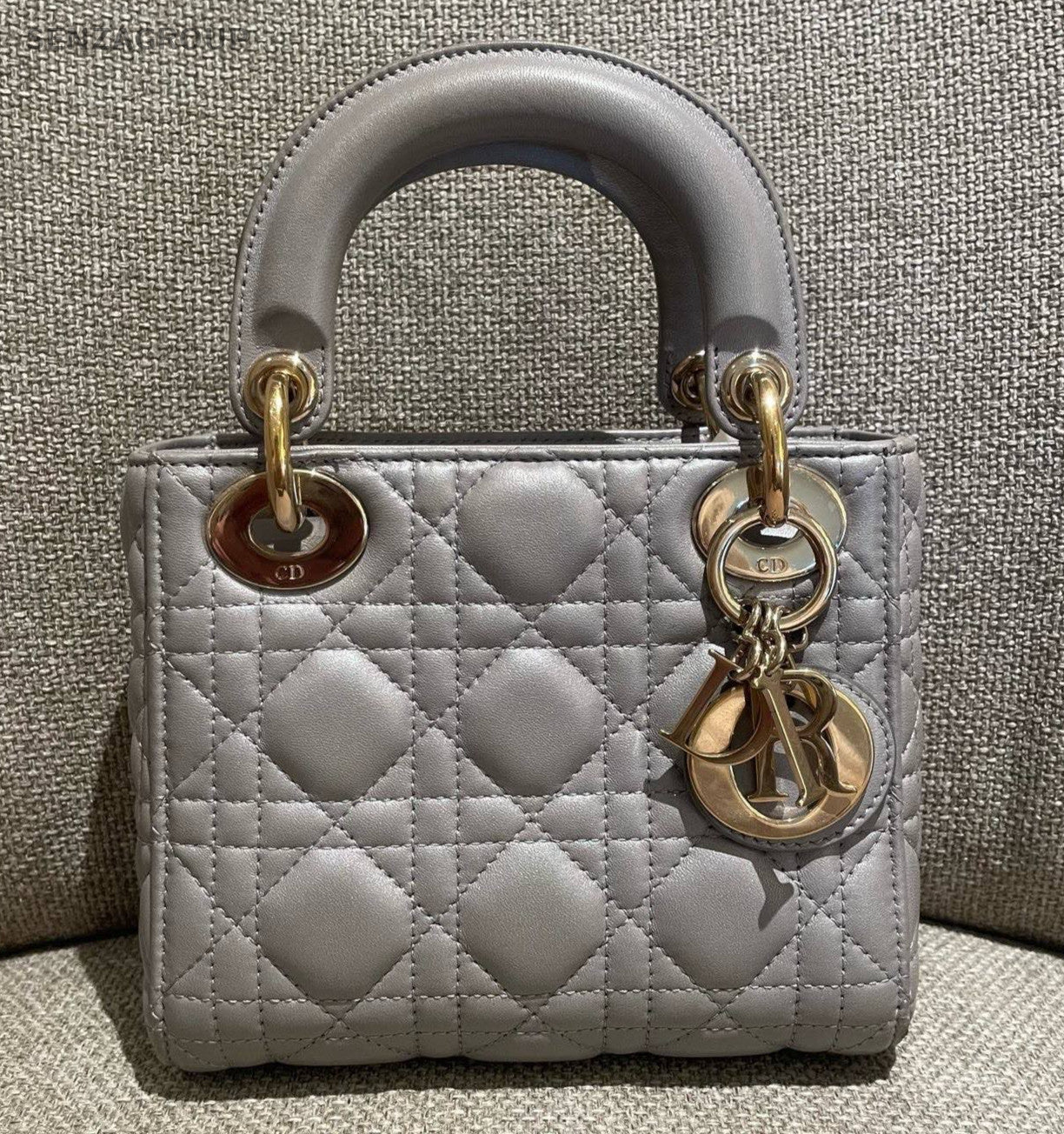 Christian Dior Lady Dior Chain Crossbody Top Handle Bag Gray Gold Women Fashion