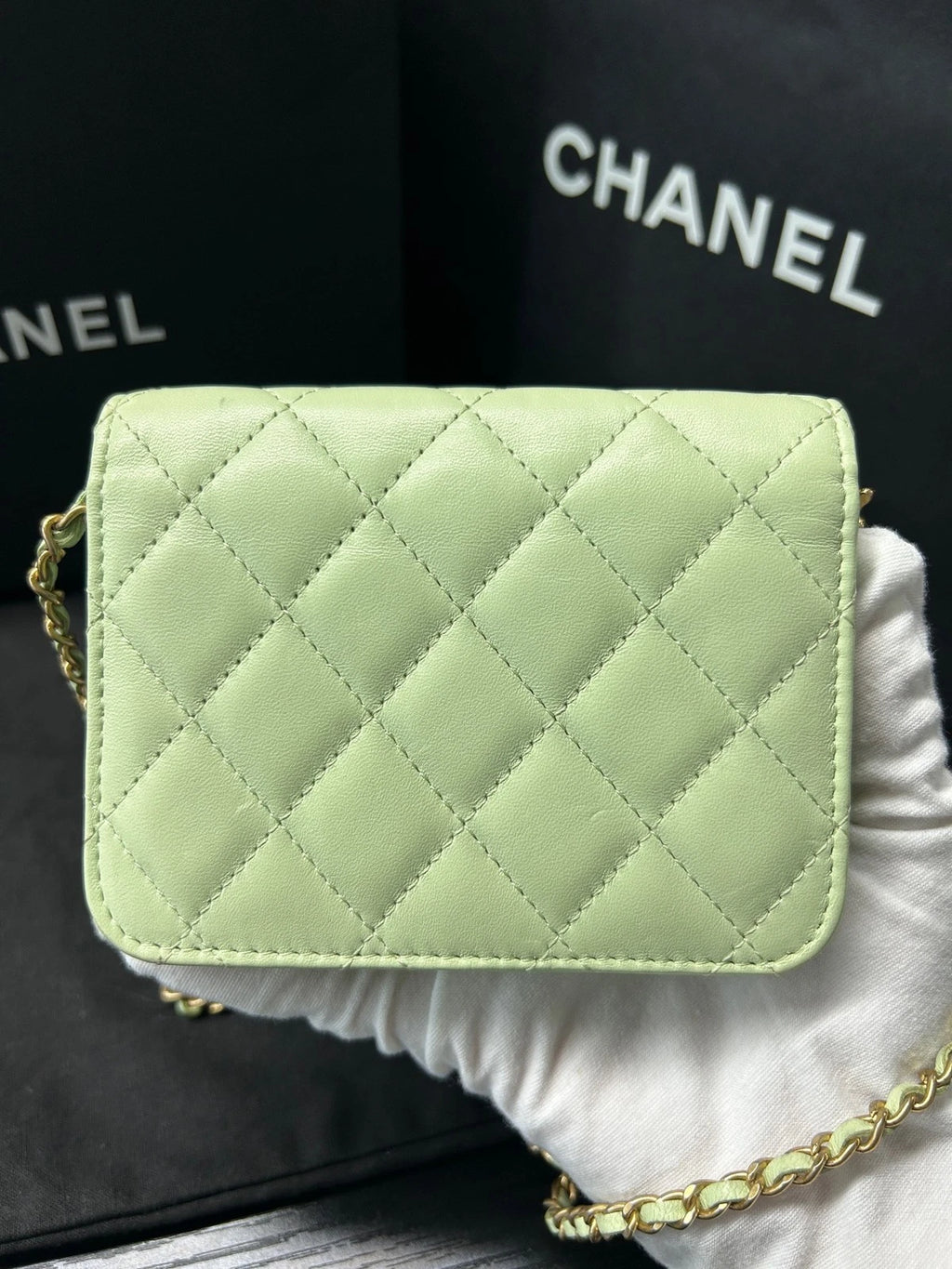 CHANEL Green Gold Ball Mini Square Chain Crossbody Bag For Women