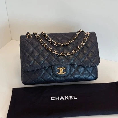 Chanel Classic Flap Jumbo Diamond Chain Shoulder Bag Crossbody Women Black Gold