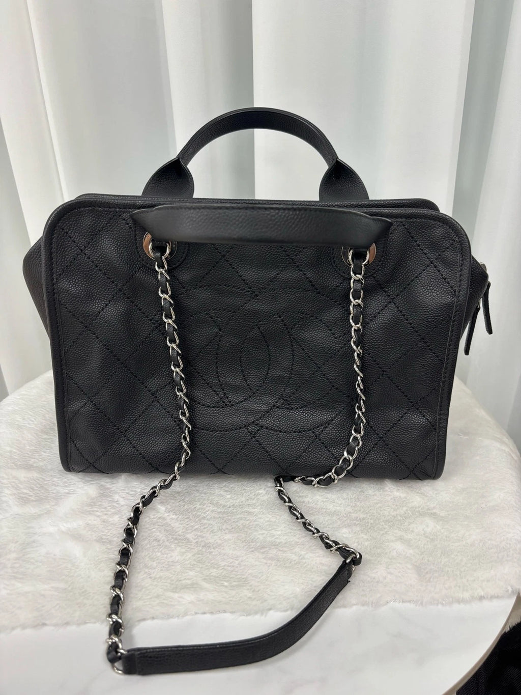 Authentic CHANEL Black Leather Big Logo Bowling Bag for Women