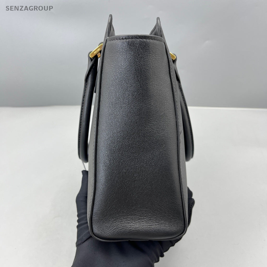 Prada Galleria 2Way Top Handle Bag Crossbody Black Gold Women Classic