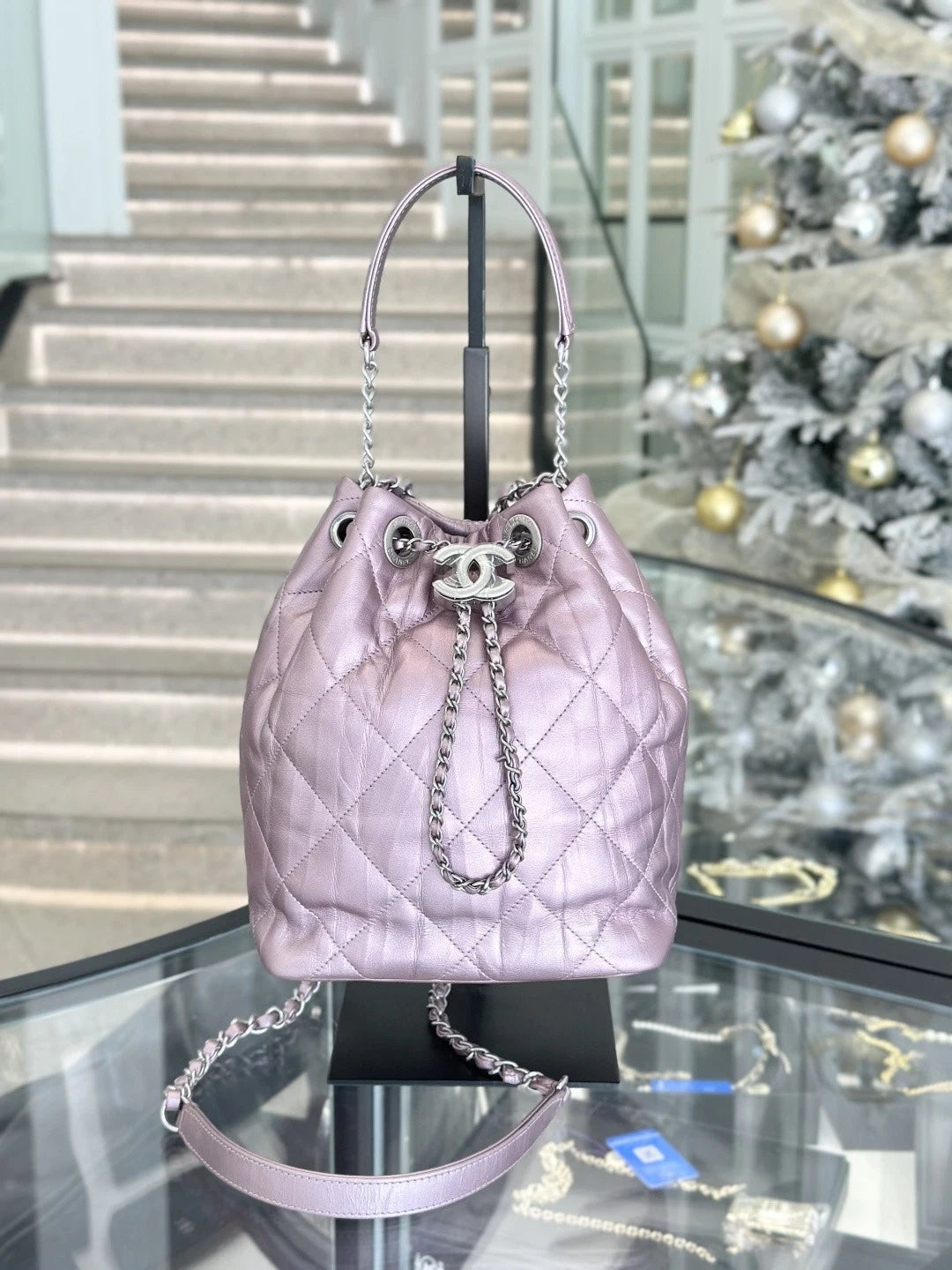 Chanel Calfskin Bucket Chain Shoulder Crossbody Bag Purple Silver Women S