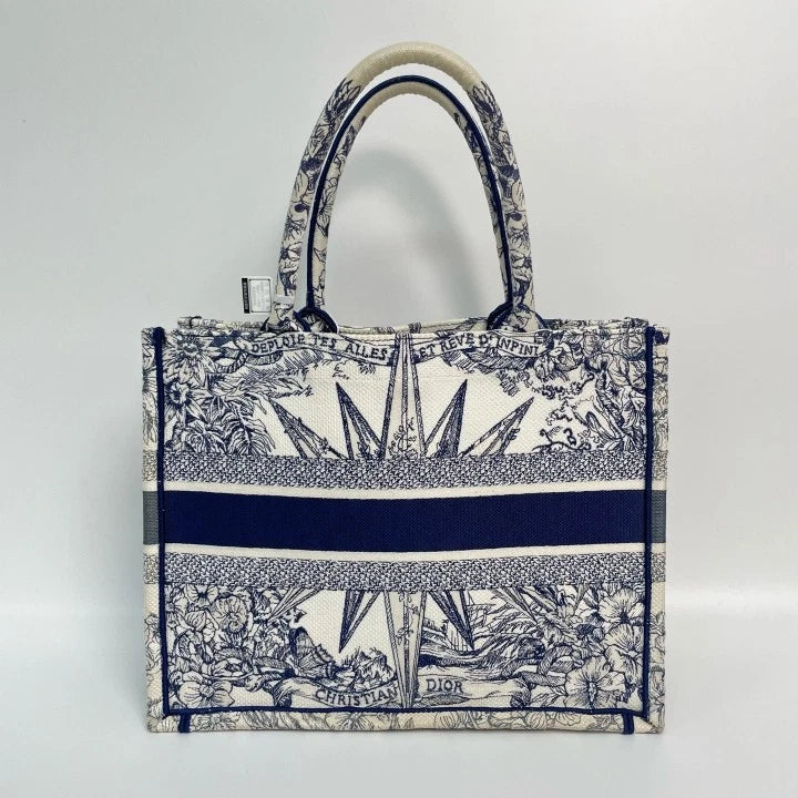 Authentic Dior Blue Embroidered Medium Tote Handbag For Women