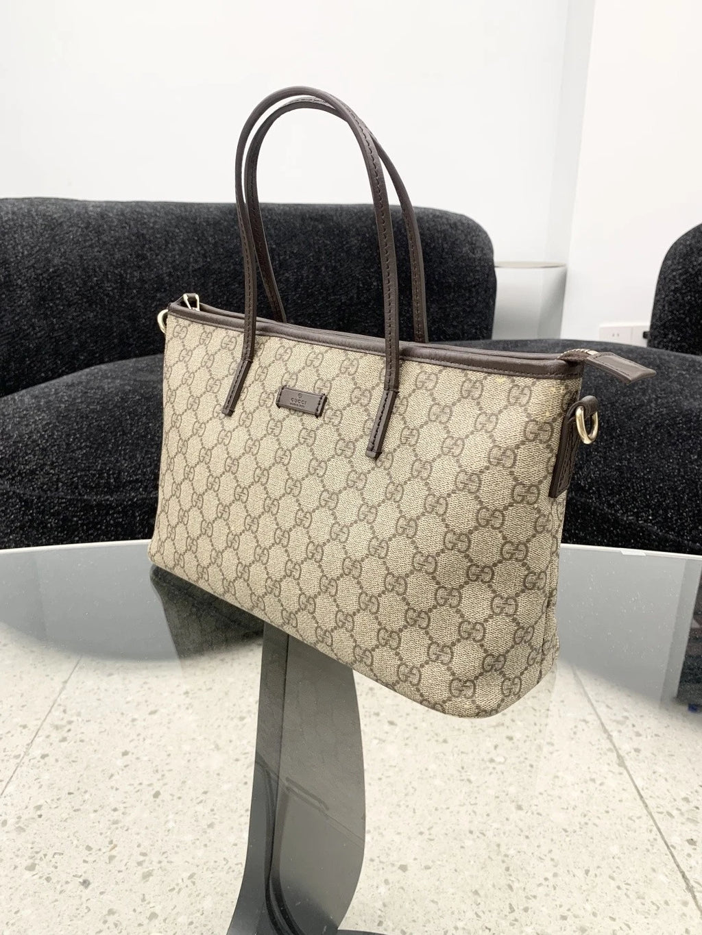 Gucci Tote PM Calfskin Monogram Shoulder Bag Brown Women Classic S