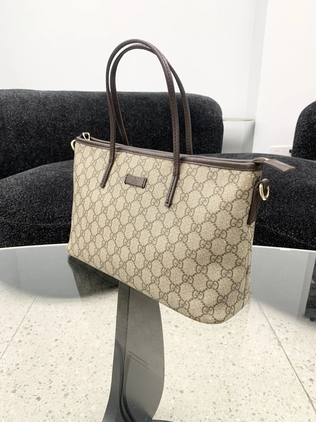 Gucci Tote PM Calfskin Monogram Shoulder Bag Brown Women Classic S
