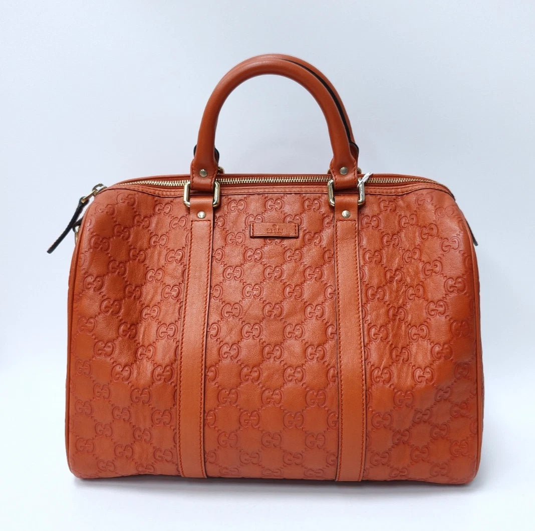Gucci Boston Calfskin Monogram Top Handle Bag Orange Gold Used Women Classic