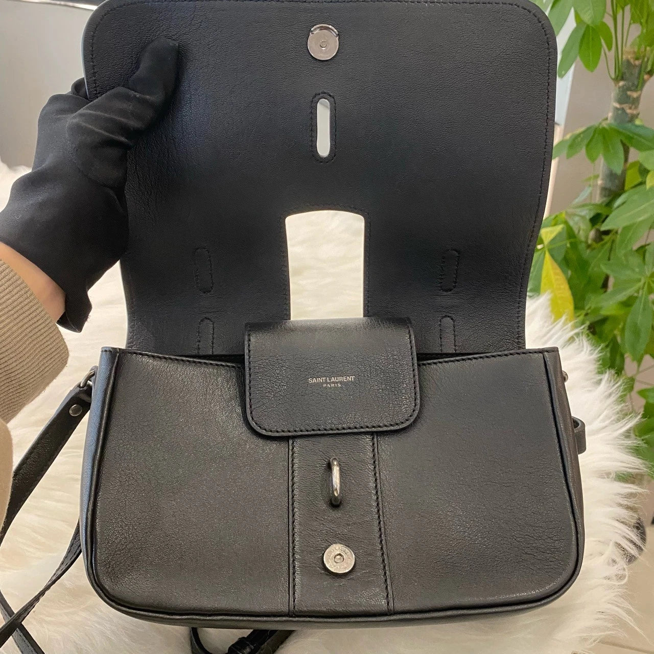 Saint Laurent Black Silver Messenger Bag, Classic Women's Handbag