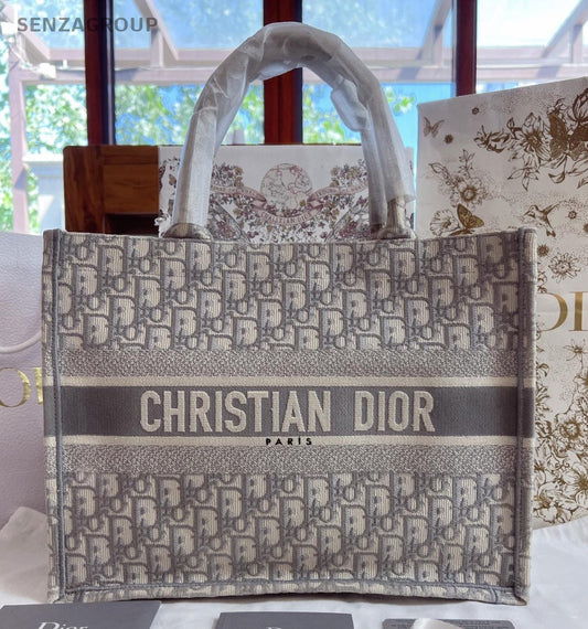 Christian Dior Book Tote MM Oblique Top Handle Bag Gray Women Classic Fashion
