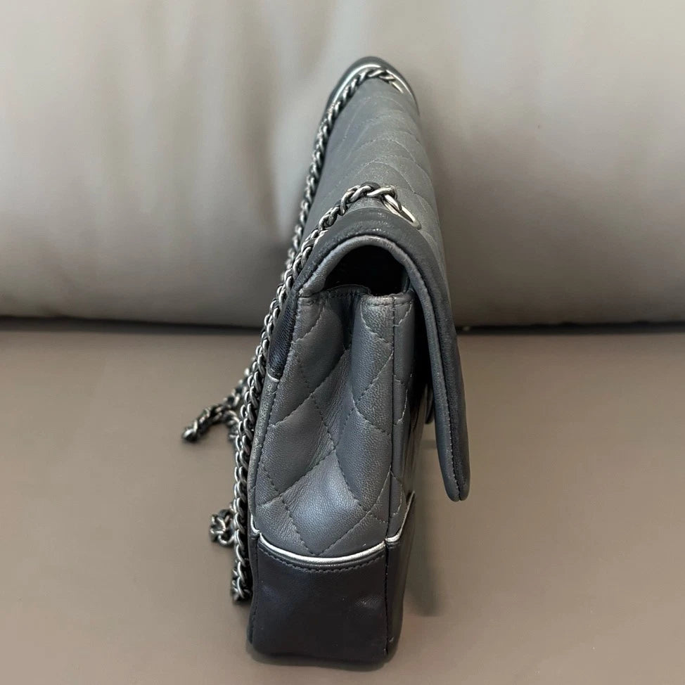 Chanel Classic Flap Diamond Silver Chain Shoulder Bag Crossbody Gray and Black