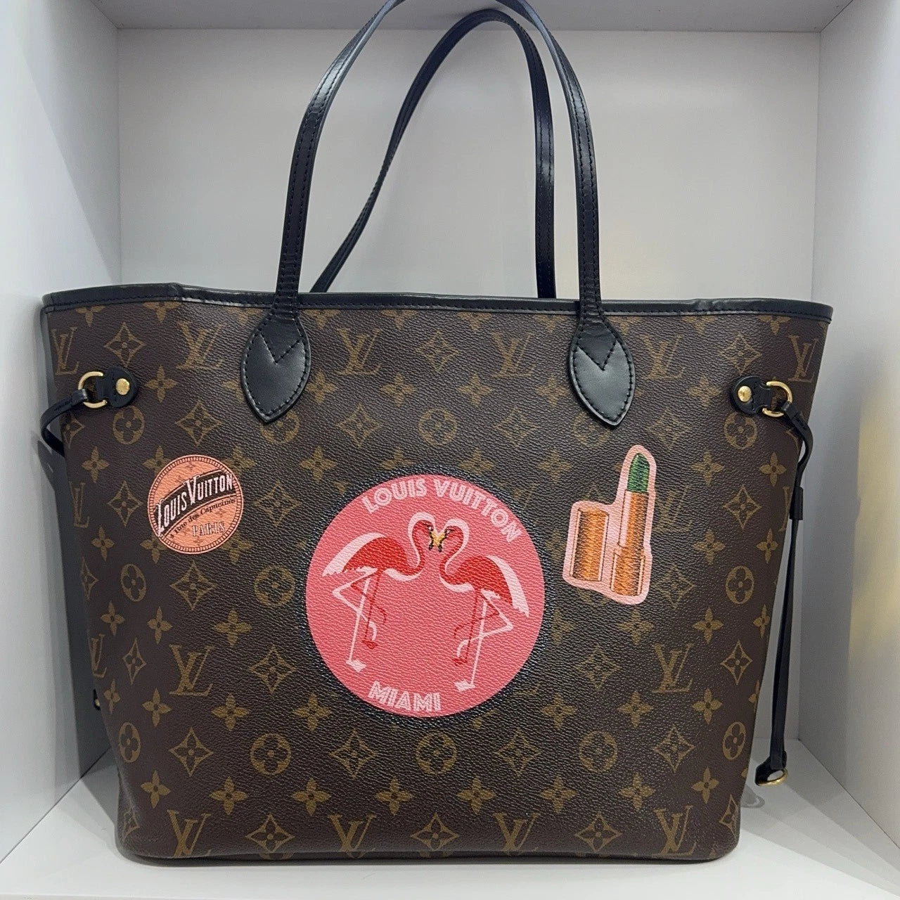 Louis Vuitton Neverfull Monogram Canvas Black Leather Tote Shoulder Bag