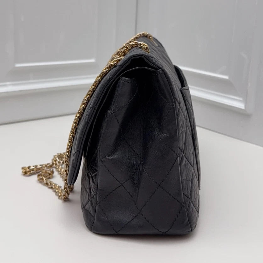 Chanel 2.55 Chain Shoulder Bag Crossbody Black Gold Diamond Women Classic