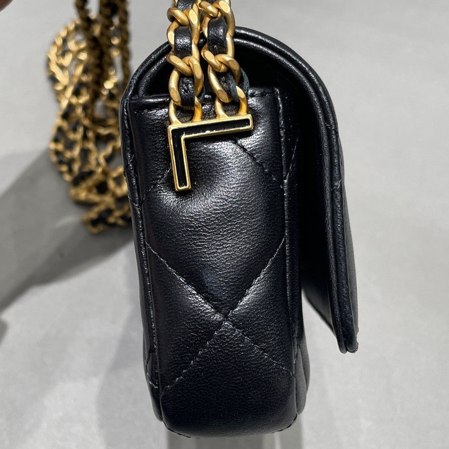 Chanel Quilted Black Gold Double Chain Shoulder Crossbody Bag Classic