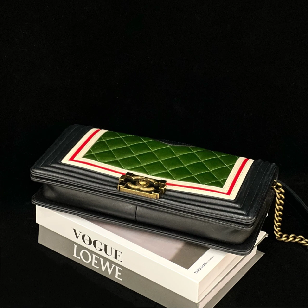 Chanel Leboy Chain Shoulder Bag Crossbody Green Black Gold Women Classic