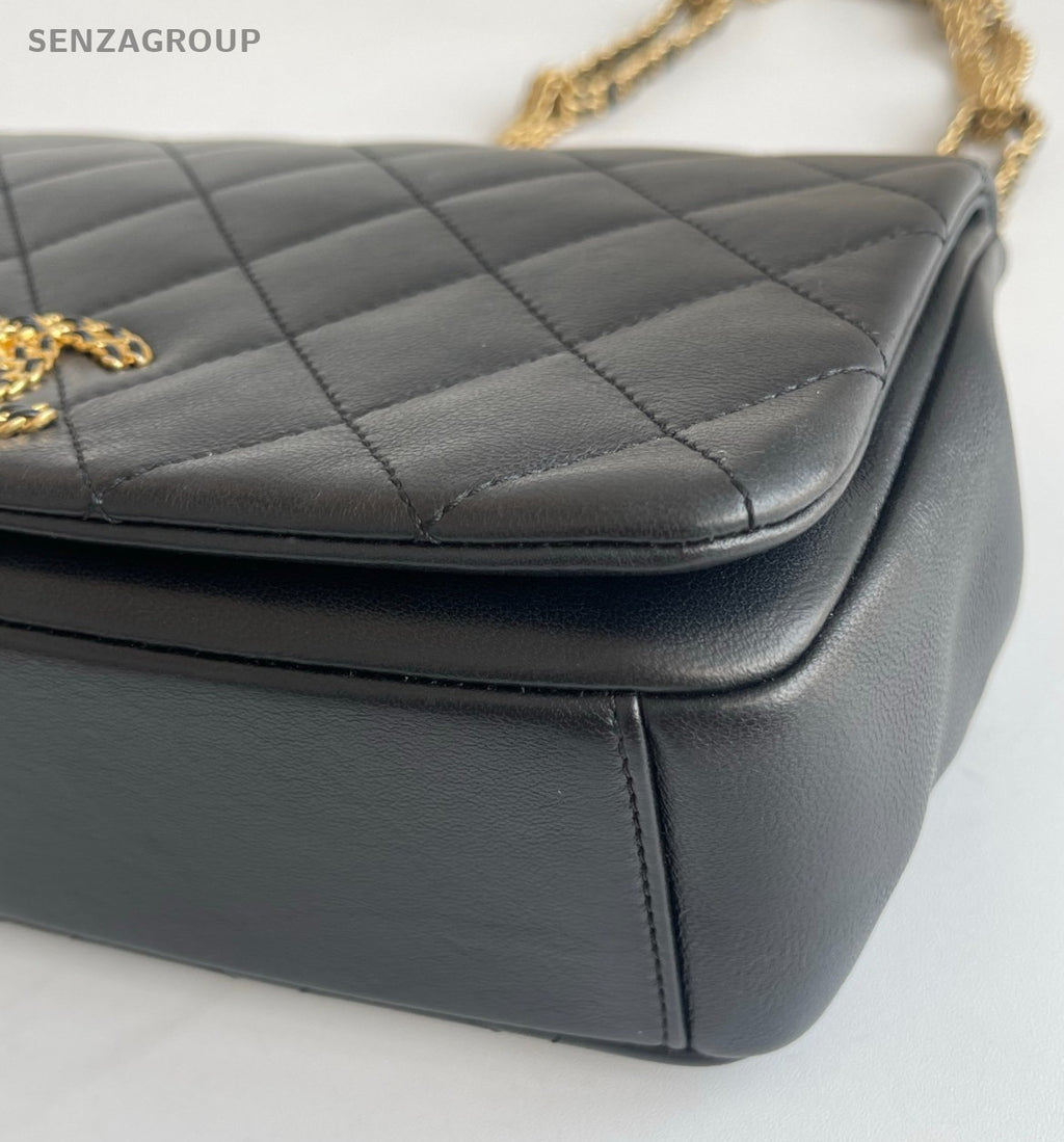 Chanel 22A Diamond Calfskin Chain Shoulder Bag Black Gold Women Classic