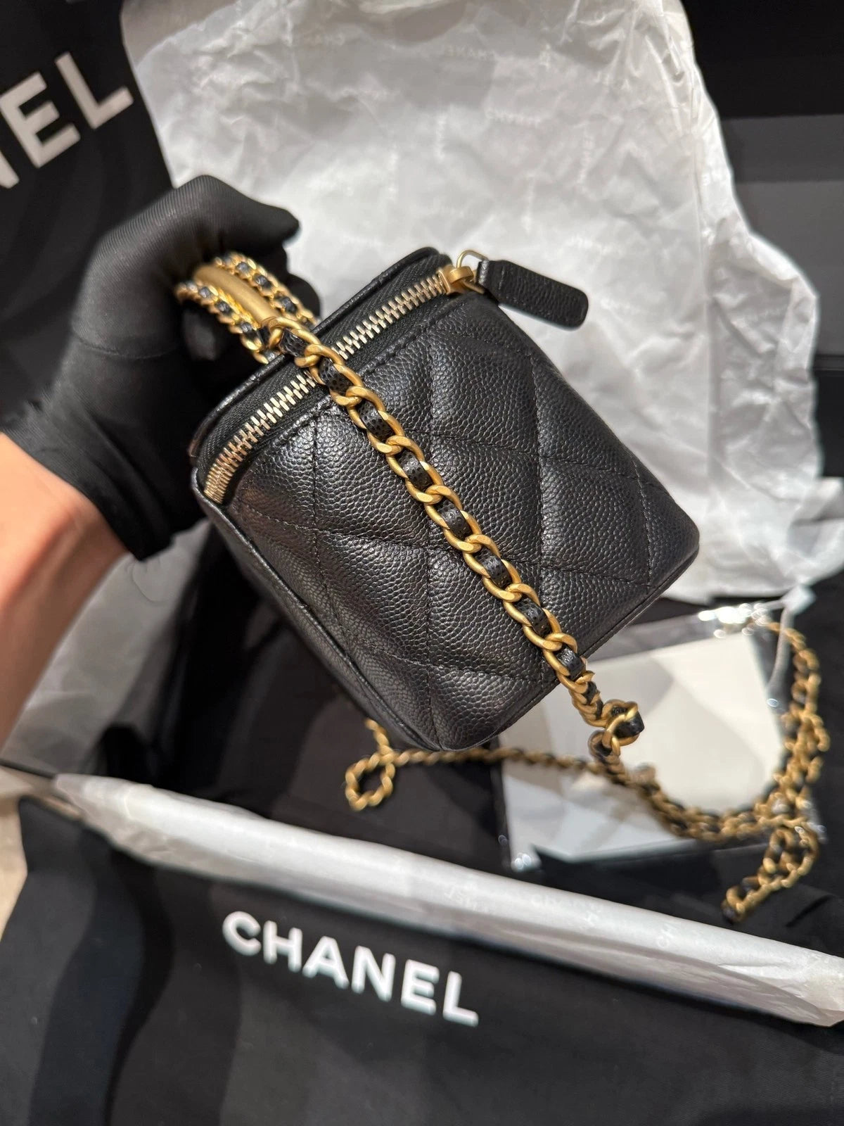 CHANEL Black Gold Caviar Calfskin Top Handle Box Bag For Women