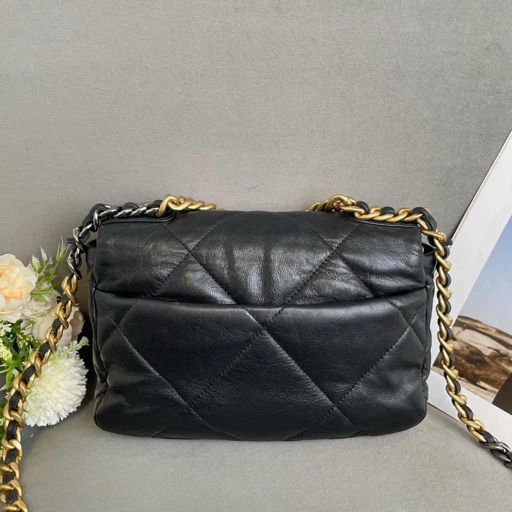CHANEL 19Bag Small Black Gold Lambskin Shoulder Bag For Women