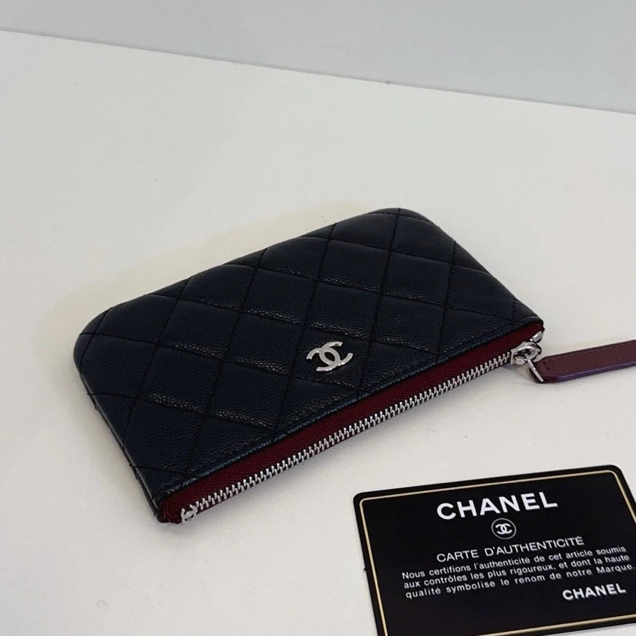 Chanel Calfskin Diamond Wallet Black Gold Used Women Classic