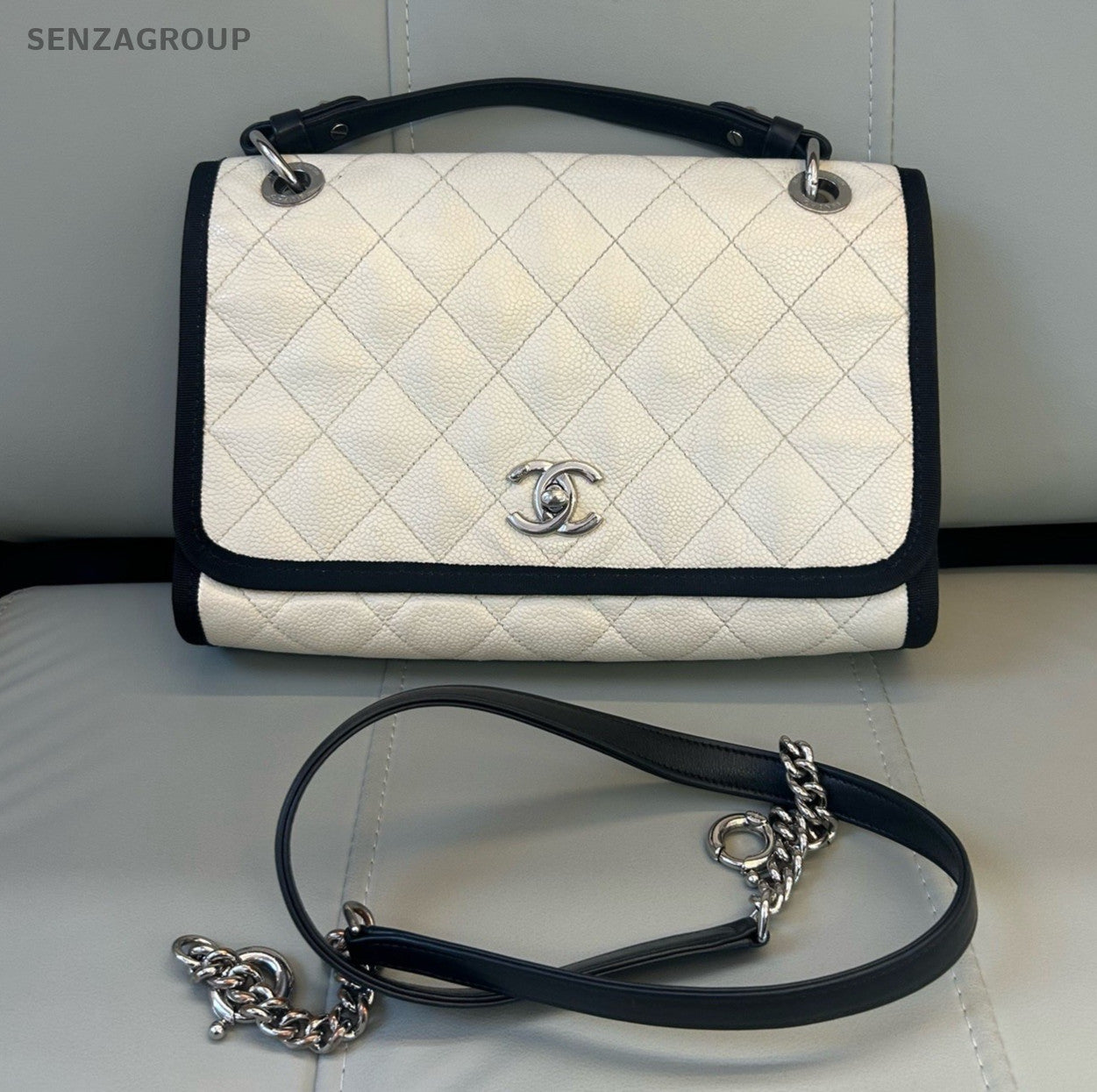 Chanel Diamond Chain Black White Silver Shoulder Bag Used Women Classic