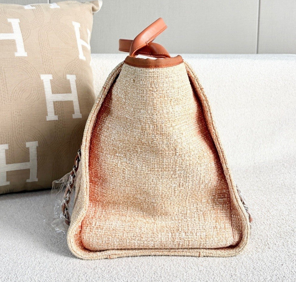 Chanel Canvas Beach Bag Top Handle Chain Shoulder Bag Orange Silver Women
