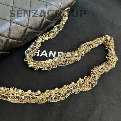 Chanel Classic Flap Quilted Pearl Chain Shoulder Bag Black Gold Hardware