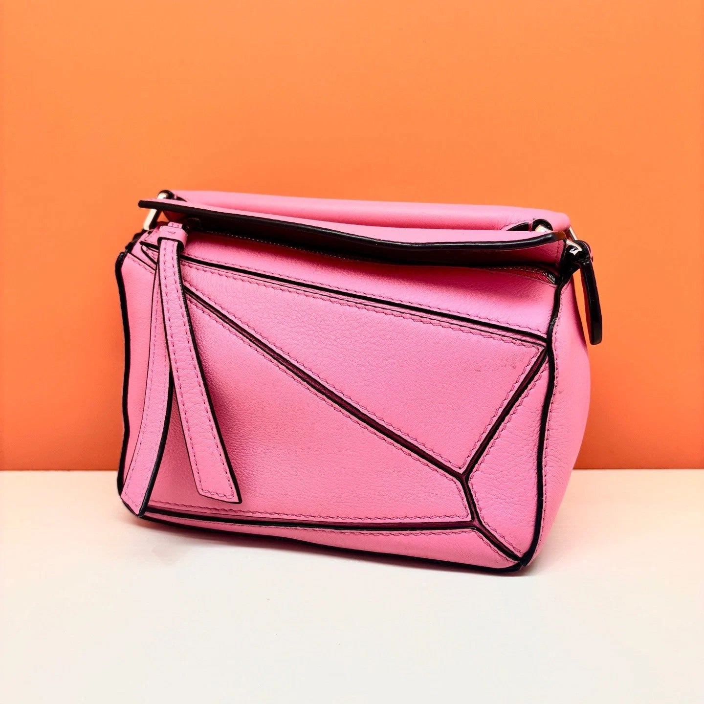 Authentic Loewe Puzzle Mini 2Way Pink Top Handle Bag Crossbody Silver Hardware