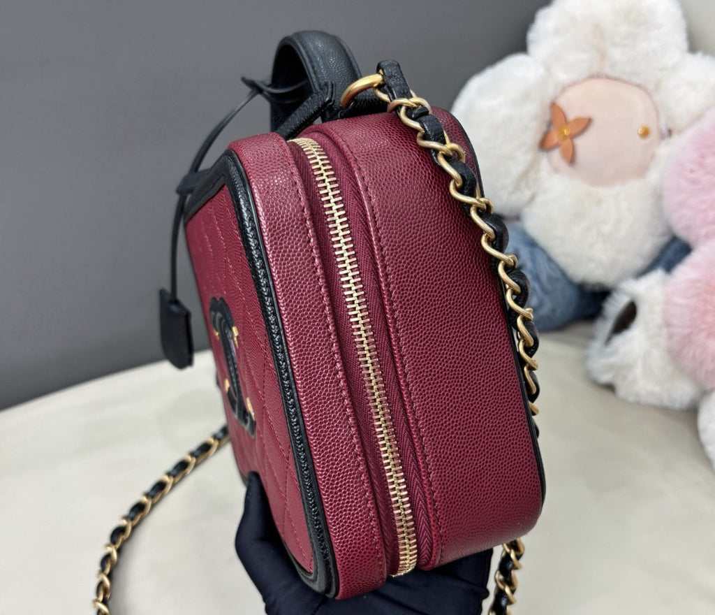 Chanel Vanity Case MM Chain Crossbody Red Black Gold Women Classic Diamond