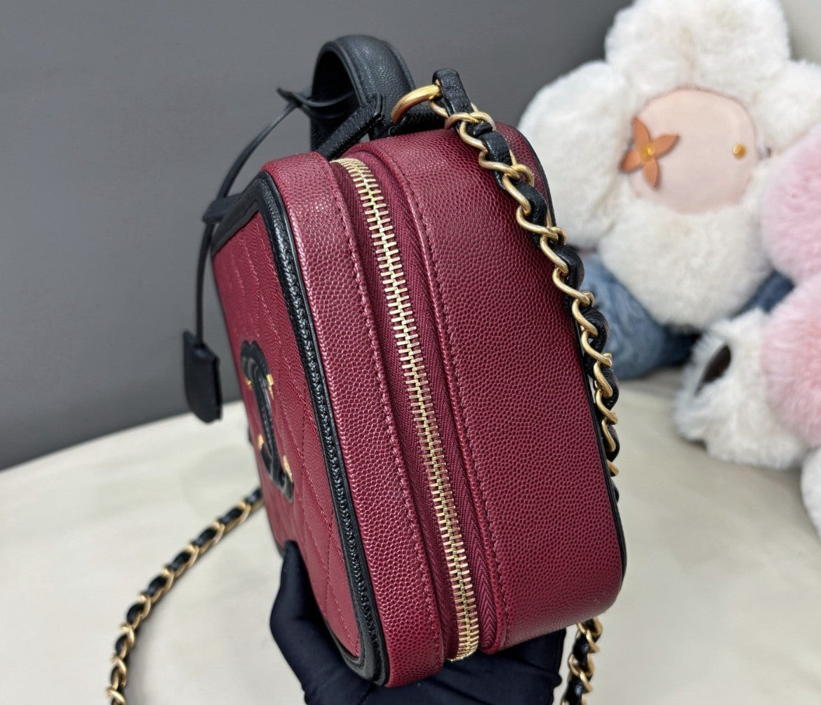 Chanel Vanity Case MM Chain Crossbody Red Black Gold Women Classic Diamond